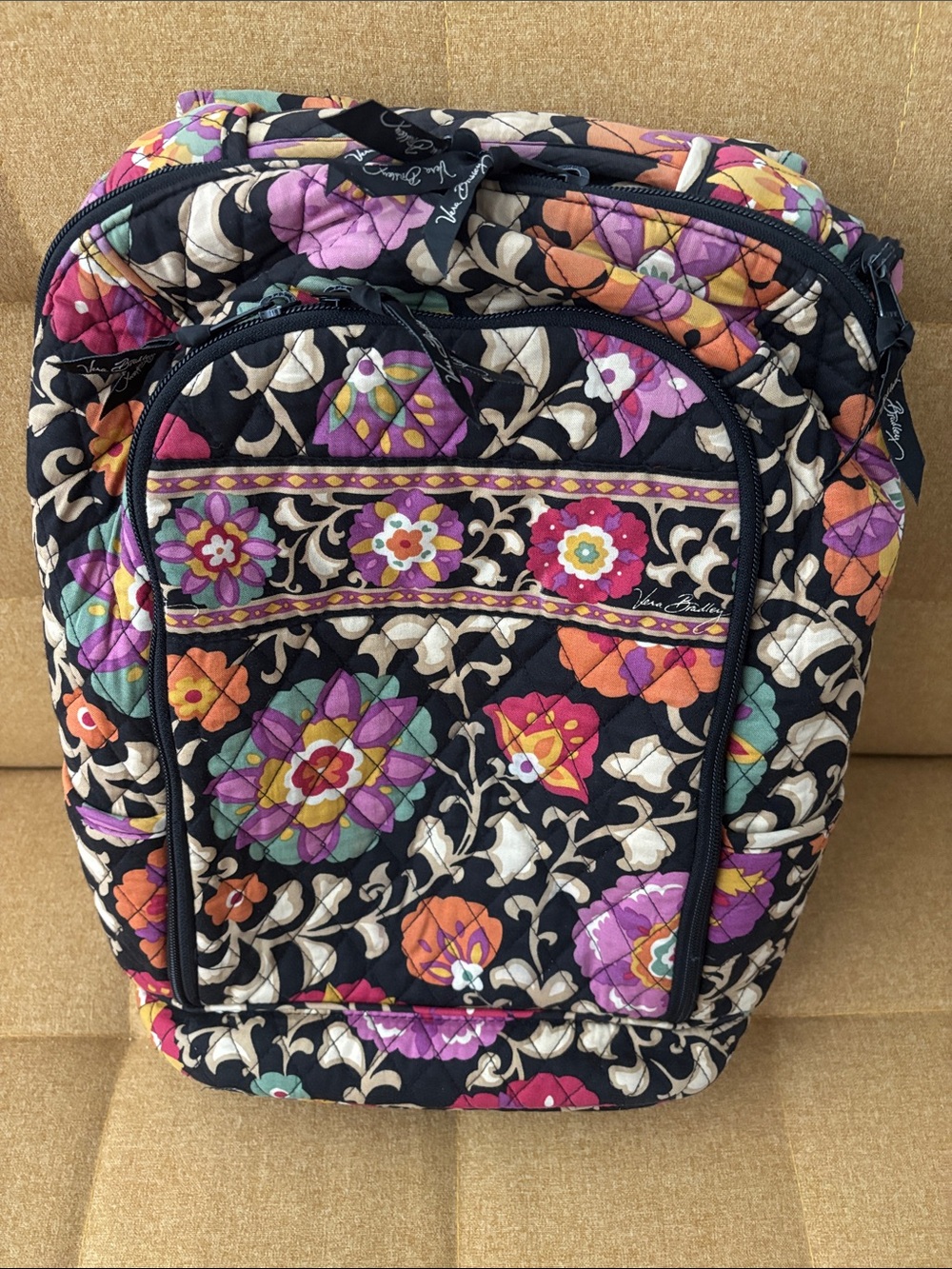 Vera Bradley Black Quilted Backpack with Pink Purple Orange Floral Print